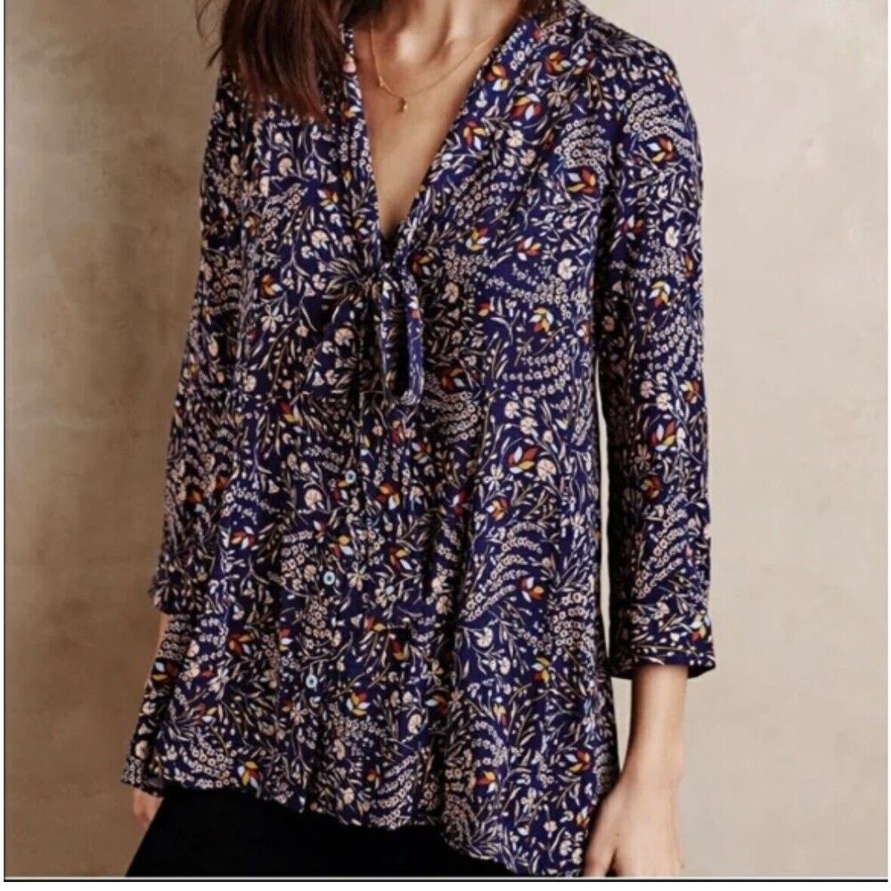 Maeve Anthropologie Floral Tie Neck Swing Blouse Floral Small